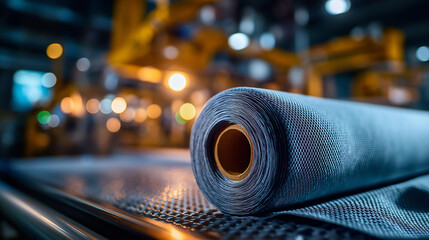 Massive roll of textured industrial fabric feeding across machinery, bright lights, durability expression, continuous manufacture, textile production, defocused equipment, with copy space