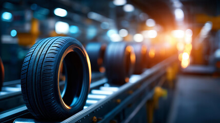 Tire manufacturing line with rows of black tires rolling through factory, mass production symbolism, automotive industry, industrial machinery backdrop, defocused production, with copy space