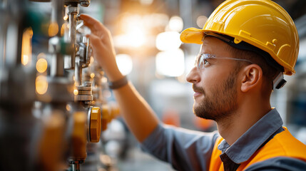 Afternoon inspection of oil refinery equipment by male worker, faceless technician, industrial facility maintenance, petroleum operations, defocused industrial background, with copy space
