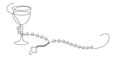 Holly Communion. Chalice with rosary. Continuous line drawing. Christianity religion concept. Frame border.