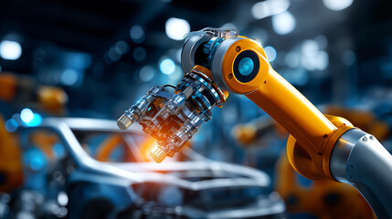 Automated robotic arm assembling car body in modern automotive production line, industrial automation, vehicle manufacturing, precision assembly, defocused factory setting, with copy space