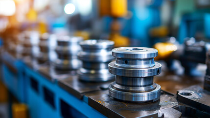 Metal forming abstract precision engineered aluminum stamping, automotive component manufacturing, industrial fabrication, precision metalwork, defocused production process, with copy space