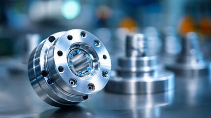 Metal forming abstract precision engineered aluminum stamping, automotive component manufacturing, industrial fabrication, precision metalwork, defocused production process, with copy space