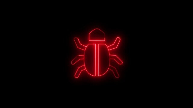 Vibrant yellow neon glowing computer bug insect animation pulsing on dark background representing software errors cybersecurity threats and digital technology motion graphics.

