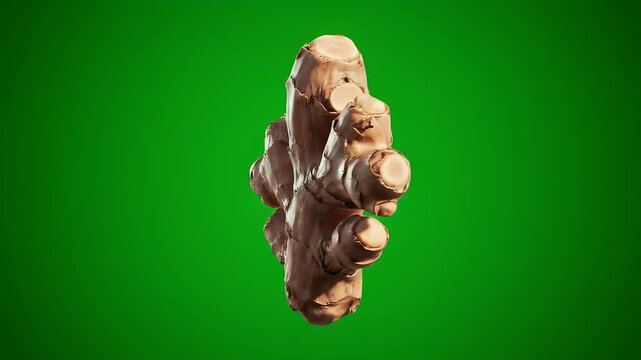 Ginger root isolated on green screen showcasing texture and structure from a close-up viewpoint