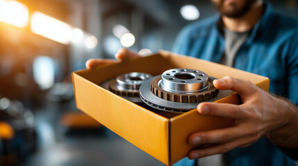 Hand unboxing automotive brake discs from protective packaging, faceless gesture, precision metal rotors, cardboard box foam, car parts installation repair, defocused surface, with copy