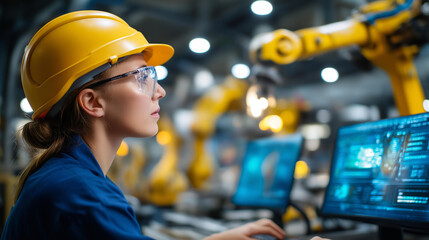 Factory worker observing robotic arms via computer screen, faceless technician, automation manufacturing process, Industry 4.0 IOT software, digital industrial revolution, defocused