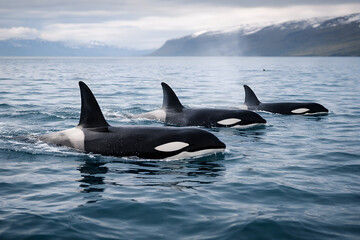 Fototapeta premium Ultra-realistic wildlife photograph of a small pod of orcas swimming calmly near the ocean surface in Iceland, showing natural behavior, sharp detail, cold blue water, and a soft Icelandic coastline.