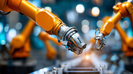 Side view of humans and robots working parallel on assembly line, faceless workers, automotive interiors production, orange robotic arms, focused collaboration, defocused factory, with copy