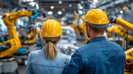 Rear view of male and female engineers observing robotic arms, faceless professionals, car chassis assembly, production line, modern industrial factory setting, defocused machinery, with