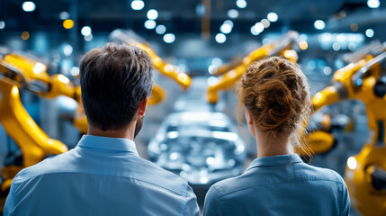 Rear view of male and female engineers observing robotic arms, faceless professionals, car chassis assembly, production line, modern industrial factory setting, defocused machinery, with