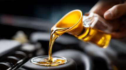 Pouring golden motor oil into car engine via yellow funnel, faceless mechanic service, black background, lubrication process, automotive maintenance, with copy space