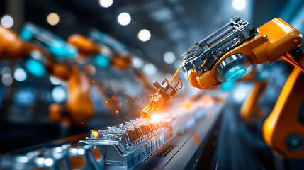 Automated robotic arms assembling car parts in large factory, orange industrial robots, efficient work, modern automotive manufacturing plant, defocused production line, with copy space