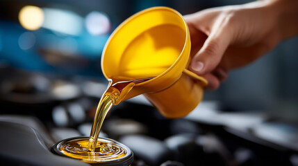 Pouring golden motor oil into car engine via yellow funnel, faceless mechanic service, black background, lubrication process, automotive maintenance, with copy space