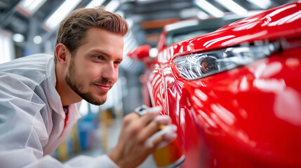 Man in white suit spraying red car with precision, faceless painter, bright automotive booth, repair paint service, professional finishing, defocused spray area, with copy space