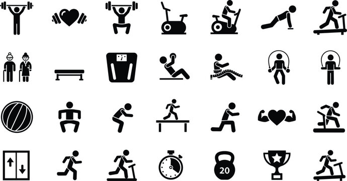 Fitness and workout icon set featuring gym exercises sports training activities health lifestyle symbols vector collection design
