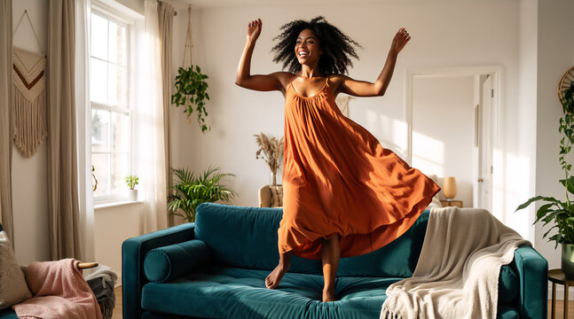 Joyful Black woman dancing on a sofa at home. Happy young female in orange dress jumping on a teal couch in a sunlit living room. Lifestyle concept of freedom and relaxation