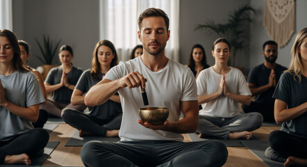 Group meditation session with a singing bowl. Man leading sound therapy in a bright yoga studio. Diverse people practicing mindfulness and relaxation for mental health and wellness