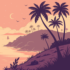 Obraz premium Atmospheric island at dusk, soft light, gentle hues, tranquil vector landscape illustration.