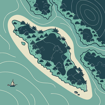 Abstract island chain landscape viewed from above, geometric vector art with clear blue water and land forms