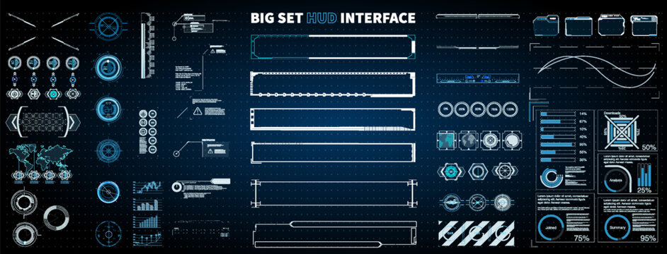 Big set of HUD interface elements for video game or design project showing various data displays and graphics without any specific branding