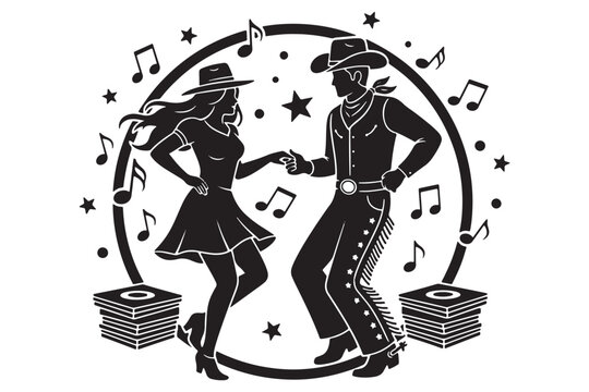 A black and white illustration of a man and woman dancing in a country western style with music notes and stars.