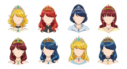 Cartoon princesses with tiaras and jewelry in various hairstyles