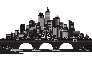 Obraz premium A black and white illustration of a city skyline with a bridge and river