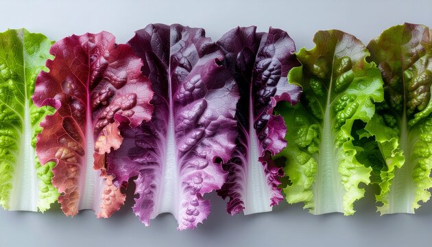 Variety of Fresh Lettuce Leaves in Green and Purple Gradient Top View