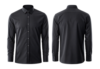 Black dress shirt front back view formal menswear clothing, isolated on a transparent background