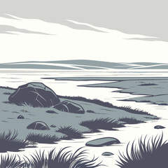 Minimalist Nordic tundra landscape with sparse vegetation and clean vector lines, serene art. © New