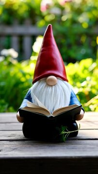 A whimsical garden gnome with a red pointy hat engrossed in reading a book, situated on a wooden surface amid blurred greenery.