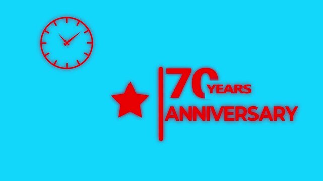 70 years anniversary motion graphic 4K footage with star. Animated design showing a clock and star symbol with 70 years anniversary text on green background.
