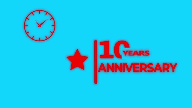 10 years anniversary motion graphic 4K footage with star. Animated design showing a clock and star symbol with 10 years anniversary text on green background.