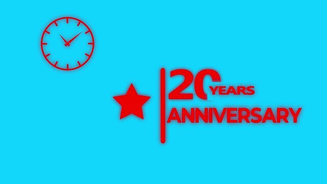 20 years anniversary motion graphic 4K footage with star. Animated design showing a clock and star symbol with 20 years anniversary text on green background.