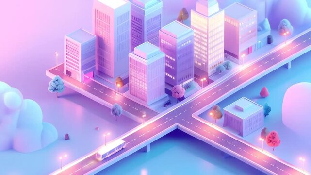 Isometric cityscape animation buildings roads and trees in pastel colors