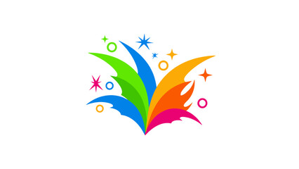 Obraz premium Vibrant abstract logo with colorful shapes and stars on a white background with a joyful and celebratory mood.