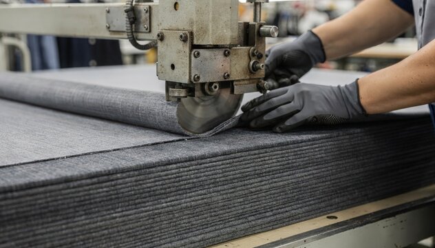 Close medium shot of power cutter slicing uniform fabric plies emphasizing professional garment production texture consistency and industrial textile handling.
