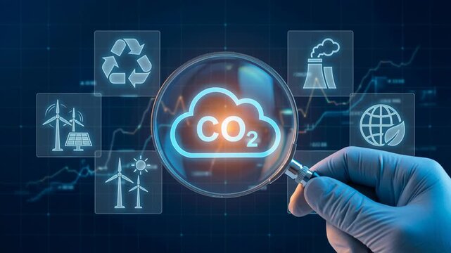 Carbon dioxide sustainability monitoring. CO2 emission tracking analytics magnifying glass environmental footprint supporting ESG neutrality renewable energy sustainable practices achieving carbon