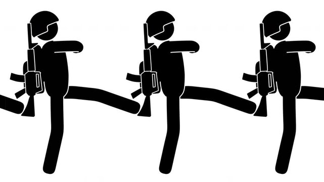 Stickman Soldiers Marching Infantry Line Left. Seamless loop with alpha channel.