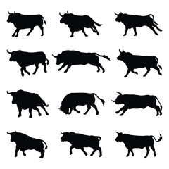 Set of Bull Silhouettes in Various Poses collection