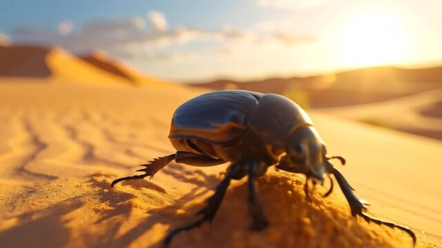 Large beetle on desert sand dune illuminated by warm sunlight