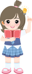 Fototapeta premium Young girl holding a book with a bright idea, standing in a cheerful pose with a lightbulb above her head, illustrating creativity and learning, depicted in a cartoon style with vibrant colors