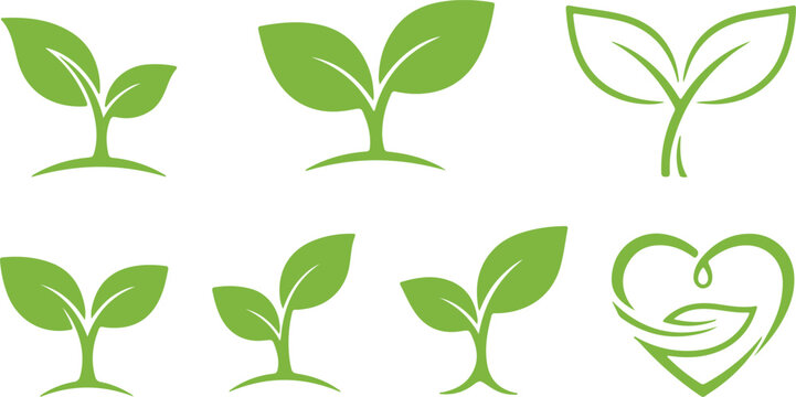 Green leaf sprout vector icon set with plant and eco logo symbols for organic, vegan and natural healthy branding eps
