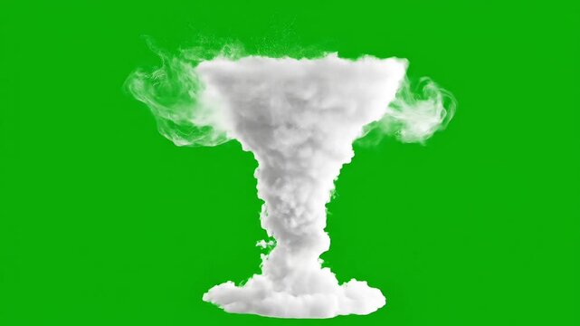 A large and powerful white smoke plume dynamically forms an impressive funnel cloud vortex expanding vigorously upwards