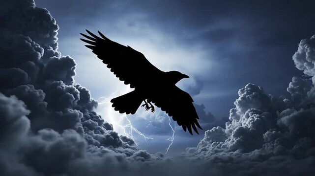 A majestic black crow silhouette soaring gracefully through a dramatic dark stormy sky with powerful lightning strikes
