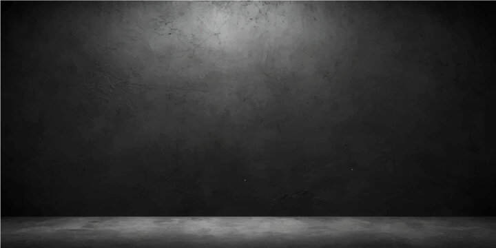 An old vintage dark grunge metal background with a dirty gray concrete wall texture and an empty black stone surface pattern for a blank interior room backdrop