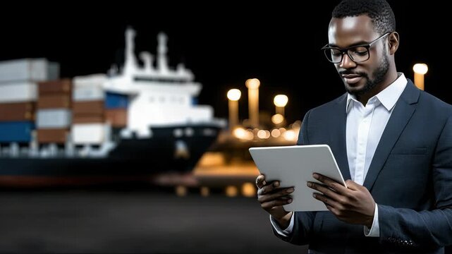 A man looks at a tablet while wearing a suit. Behind him are cargo ships with lights in the background. The setting is nighttime at a harbor