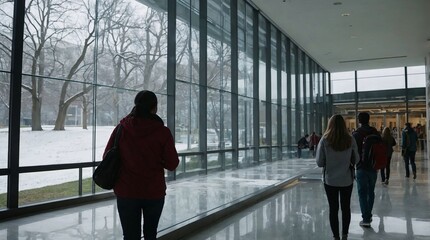 Obraz premium Authentic Students Walking Through a Modern Glass Hallway on a Cloudy Winter Day