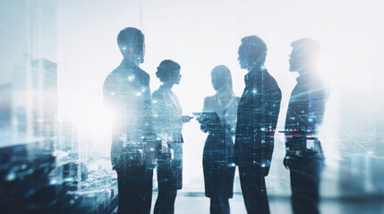 A diverse group of business professionals are collaborating with a cityscape overlay in a bright modern office environment discussing strategy.